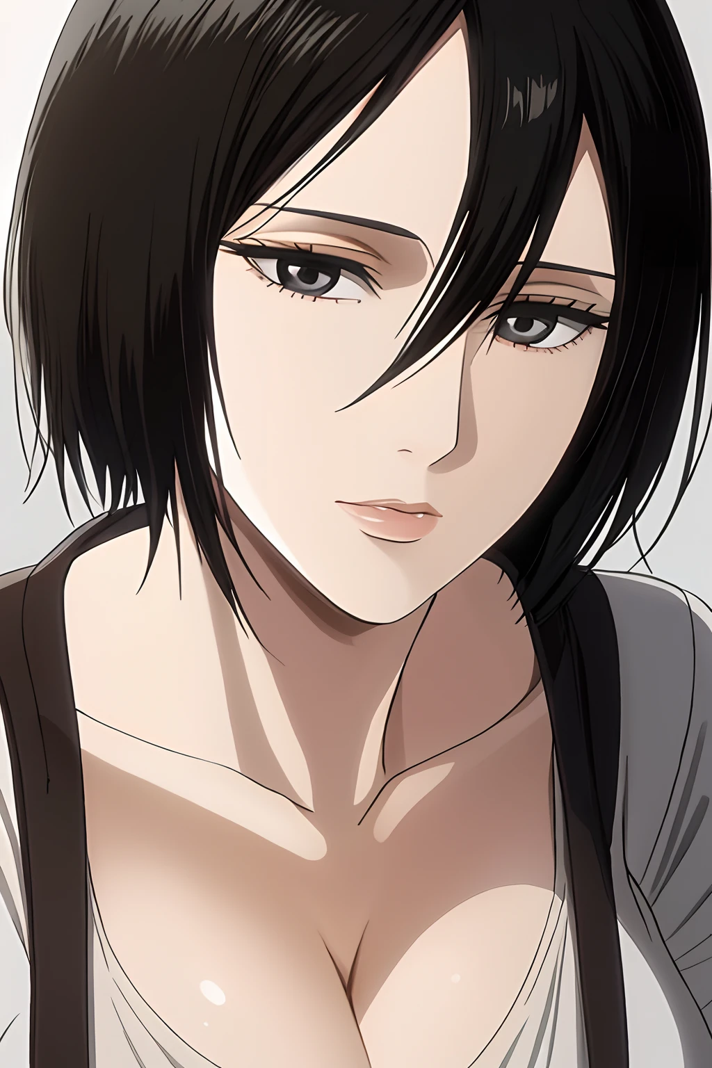 1girl, mikasa ackerman, (black hair:1.3), hair between eyes, short hair, sideburns, gray eyes, lips, cleavage, close up, solo, lips,, masterpiece, best quality,