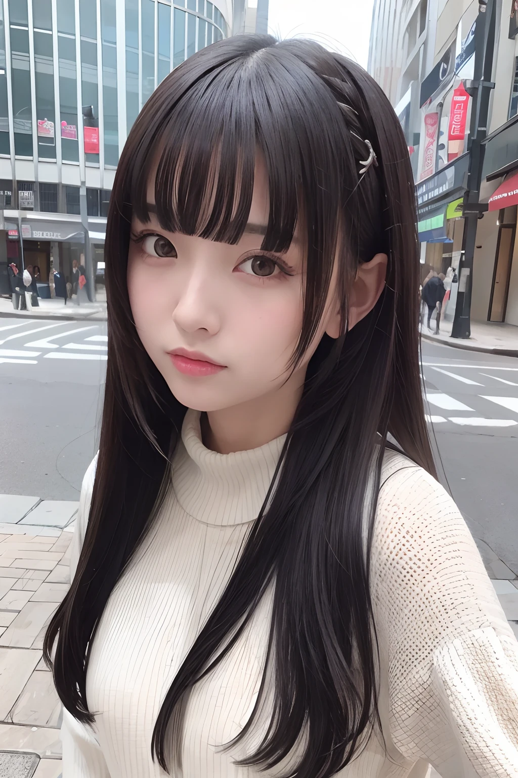 masterpiece, best quality,1girl, solo, black hair, realistic, looking at viewer, black eyes, long hair, coat, bangs, outdoors, closed mouth, upper body, hime cut