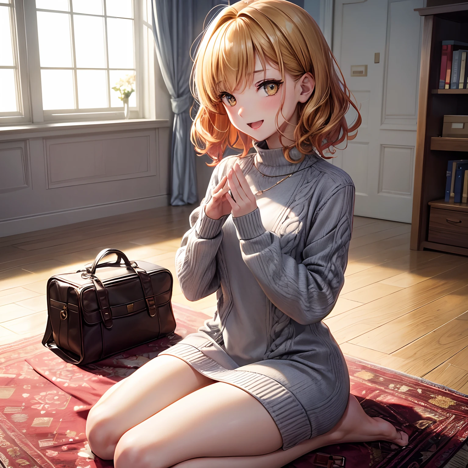 //Quality, masterpiece, high quality, best quality, super detailed, 16K, //base, Makima, one girl, cute, short height, (: 1.2), //hair color, (super detailed, two-color mixture Hair: 1.7), (Blonde hair: 1.5), (Red hair tips 1.8), Mesh, (Short wavy hair: 1.5), // Face, Young face, (Troubled face: 1.3), Smiling, Mouth open, Open mouth and be happy, // Eyes, (Dooping eyes: 1.5), (Yellow eyes: 1.7), Symmetrical clear eyes, Kind eyes, // Body, Slim, (Middle chest: 1.8), Exposed chest , (Beautiful fingers: 1.7), // Pose, Greetings, (Sit on the floor: 1.5), (Seiza: 1.5), Sit with your feet together, (Put your hands on your thighs: 2.2), Both hands, //Clothing, ((super detailed, gray sweater dress: 1.5)), gray sweater, exposed chest, //location, on the carpet, home, bedroom, morning, sunlight