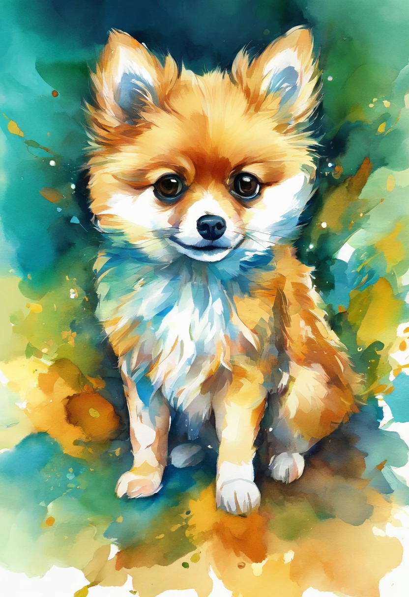 3d aquarela lulu da pomeraniamuito peludo e com focinho curto,fundo escuro,high resolution,alta qualidade,colorido,verde, amarelo,azul, marrom