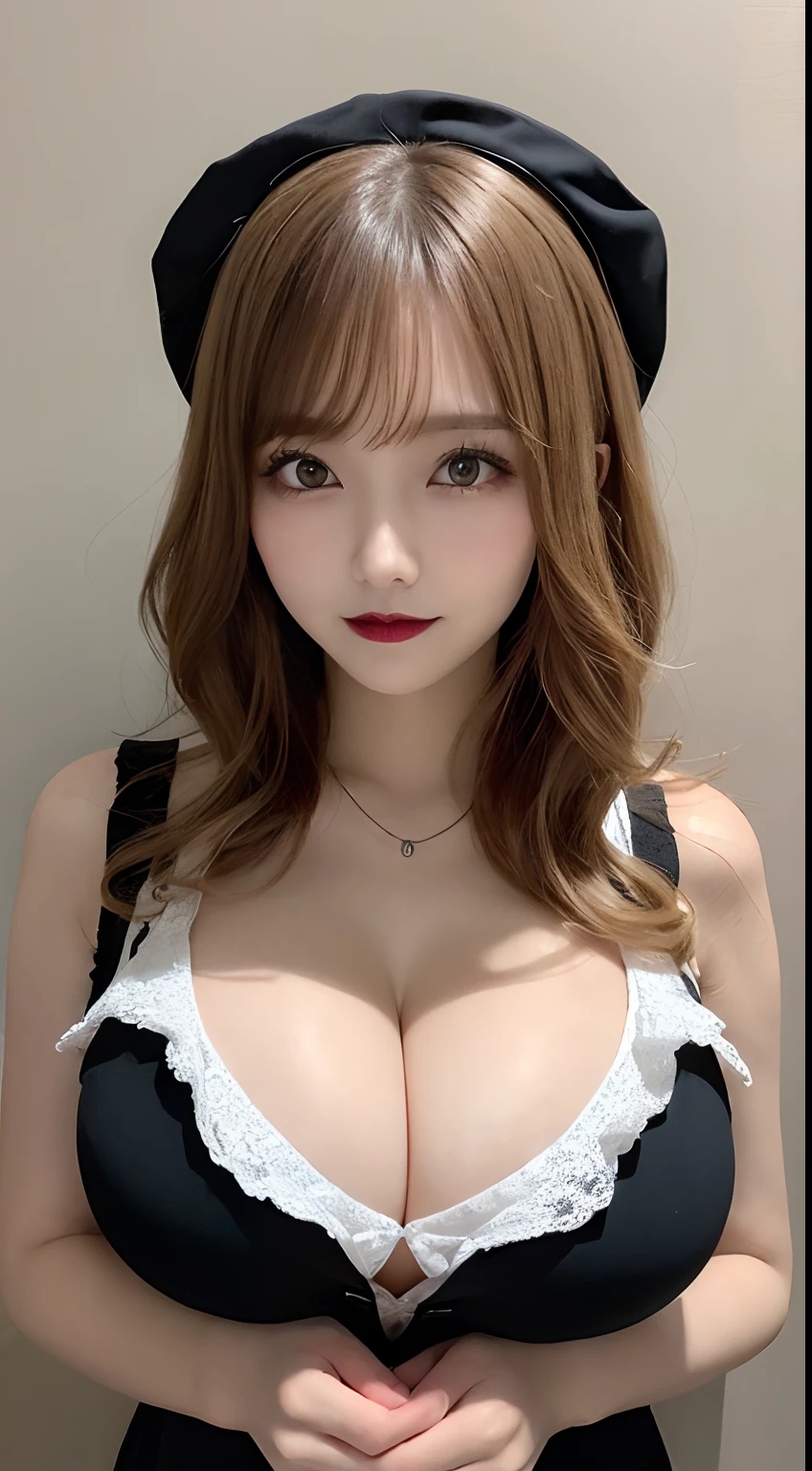 masutepiece, Best Quality, Illustration, Ultra-detailed, finely detail, hight resolution, 8K Wallpaper, Perfect dynamic composition, Beautiful detailed eyes, (Gothic lolita:1.2), off shoulders, Blonde medium wavy hair, (huge-breasted:1.9), (cleavage of the breast:1.5), Gothic fashion, (Gothic makeup:1.1), Bold sexy poses,Smile, Landmine fashion、20 years girl、(Cute:1.5)、Sexy shot looking at camera, Full body