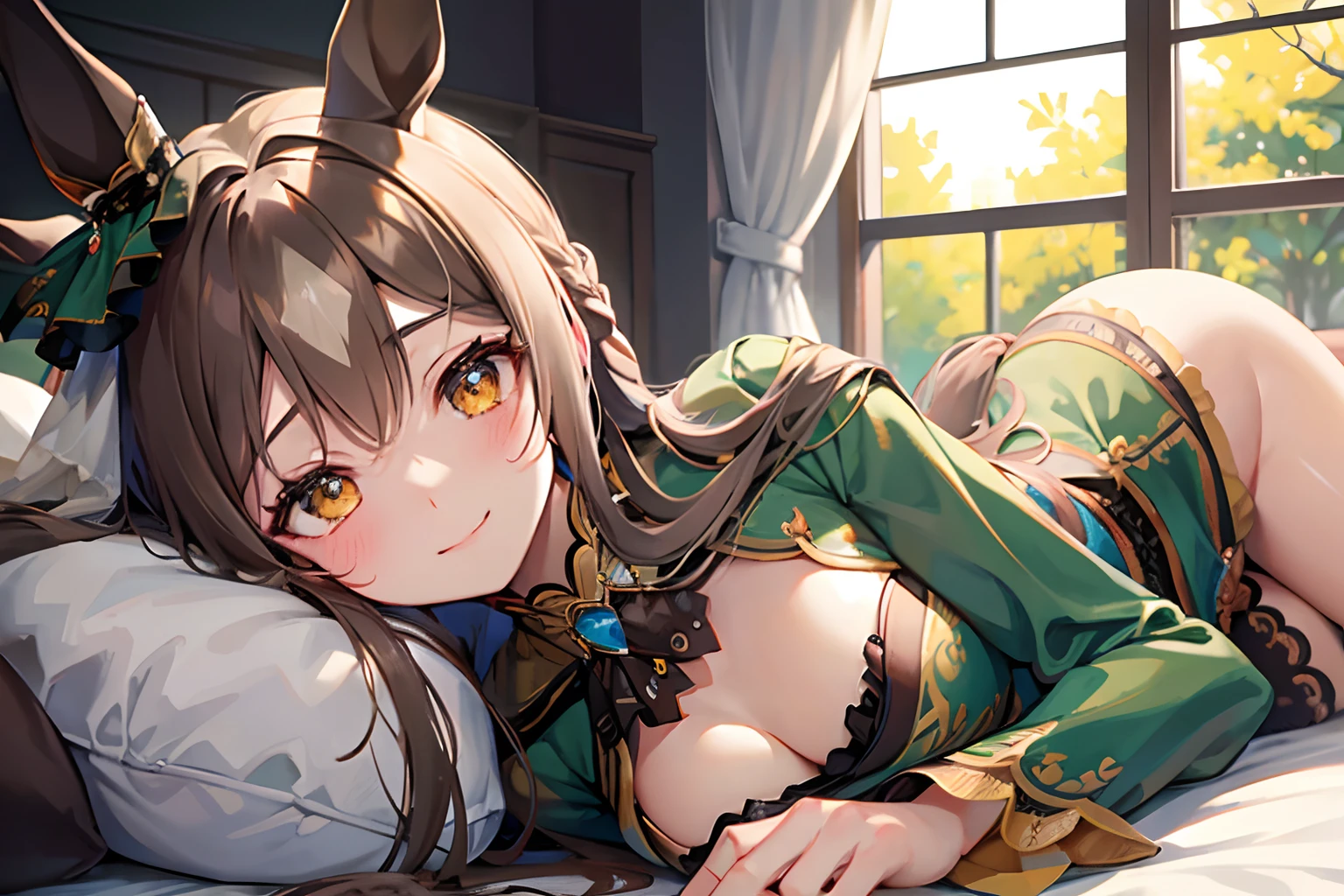 nsfw,Bare breasts,Lying down,Squashed chest,Viewer's Perspective,blushed face,Shy,a smile,Close-up of the face,a bed,aasato, long hair, half updo, braid, hair between eyes, animal ears, ear ornament, horse tail, breasts, frills, black ascot, green dress,black thighhighs,Top image quality,Masterpiece,Best Quality