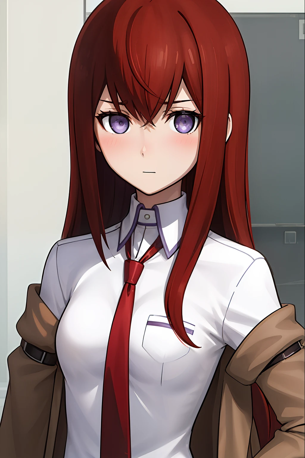 ((masterpiece,best quality,ultra detailed,8k)),brown_hair,collared_shirt,jacket,long_sleeves,makise_kurisu,standing,red_necktie,solo,1girl,white_shirt,perfect face,red_hair,purple_eyes,((blush)),upper body,(close_mouth)