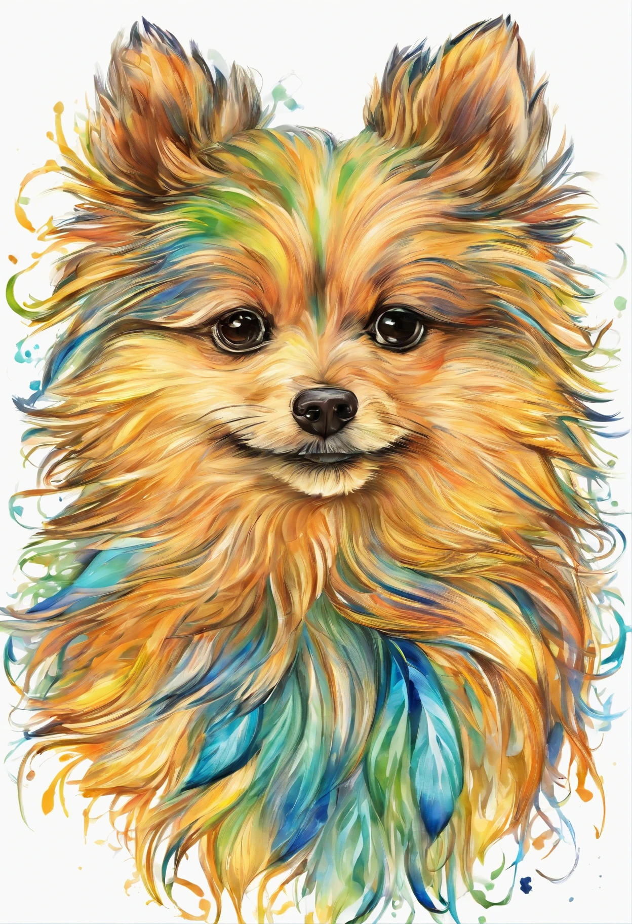 3d aquarela lulu da pomeraniamuito peludo e com focinho curto,fundo escuro,high resolution,alta qualidade,colorido,verde, amarelo,azul, marrom