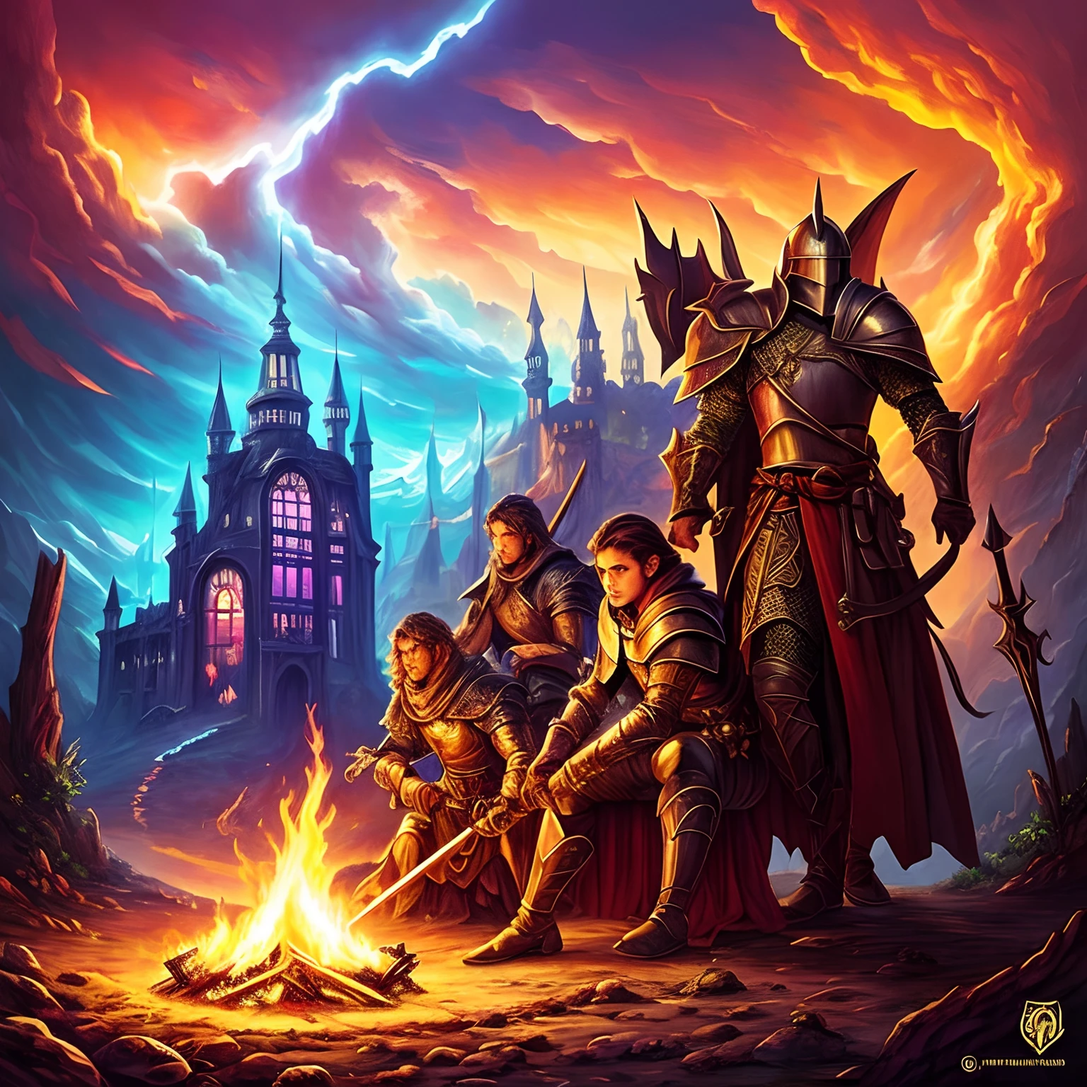 Em uma floresta escura e misteriosa, There is a knight with detailed and beautiful armor, This knight is around a campfire, The knight is seated, o cavaleiro descansa perto da fogueira, The knight is by the fire. The scene is depicted with a mix of vibrant colors and rich shadows, capturing the essence of 80s Dark Fantasy. Colors are intensified, giving the image a surreal and mesmerizing quality. Lighting is dramatic, como retratado nos 80s Dark Fantasy, Inspired by the iconic cover art of the 80's Dungeons and Dragons book, A imagem incorpora um senso de misticismo e aventura. The composition draws the viewer in, igniting your imagination and curiosity about the world beyond. The goal is to create a masterpiece that combines the elements of fantasy with the intricacies of an ultra-detailed, Photorealistic representation. The attention to detail in knight armor, foco no cavaleiro, armadura completa, armadura de corpo inteiro. This prompt captures the essence of a dark 80s fantasy, com detalhes intrincados, vivid colors, e um estilo de arte cativante. The viewer is transported to a realm of magic and adventure. The scene exudes a nostalgic charm and invokes imaginations of epic quests and mythical creatures.  The medium used is a combination of digital illustration and oil painting, resulting in a rich and captivating visual experience. O estilo de arte combina elementos de fantasia sombria, Capturing the essence of the 80s era, quando Dungeons and Dragons estava em seu auge. The colors chosen are vivid and vibrant, with a surreal color palette that enhances the mystical atmosphere of the scene.