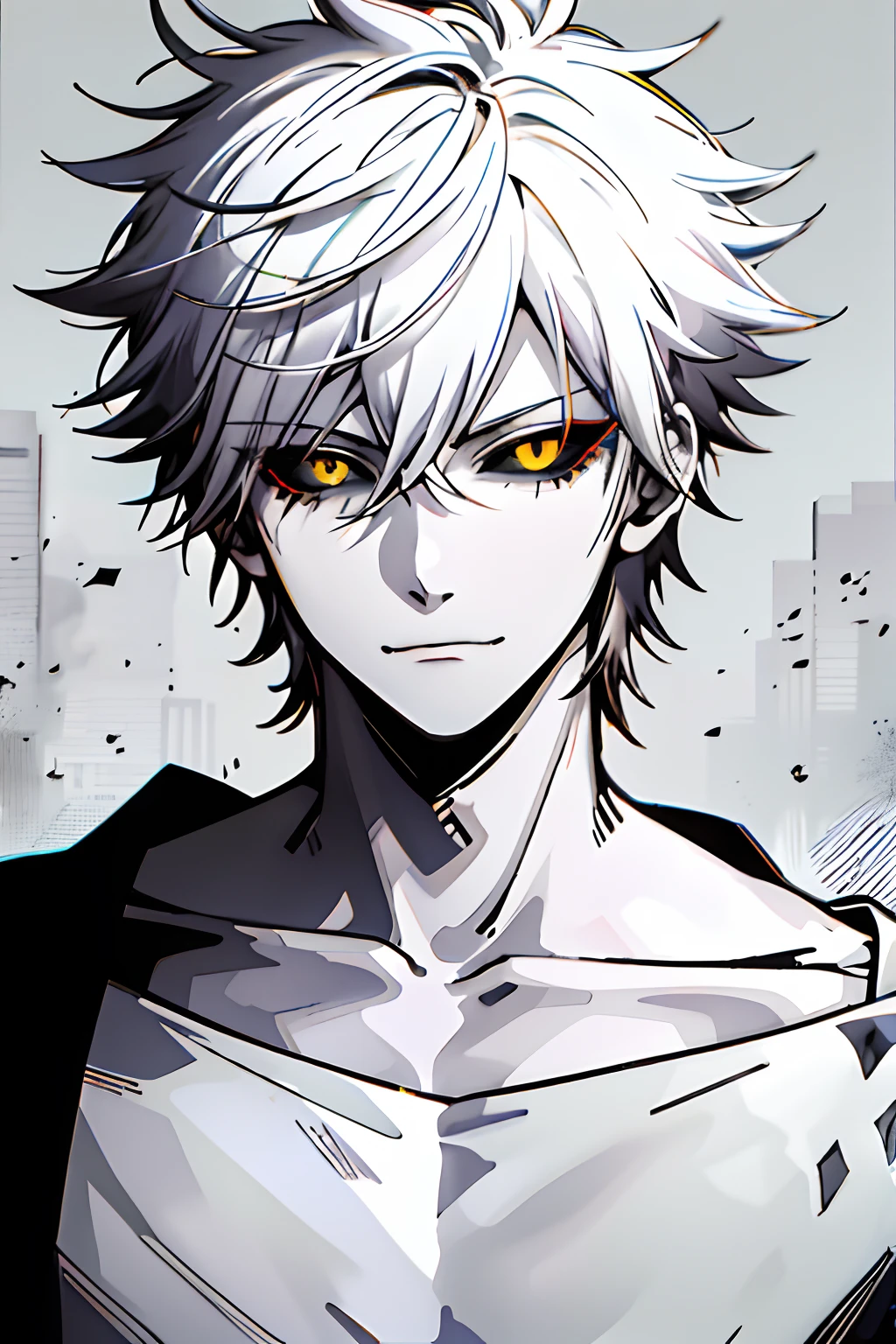 1boy, black sclera, closed mouth, collarbone, colored sclera, grayscale, japanese clothing, looking at the viewer, male focus, monochrome, short hair, smirk, solo, spiked hair, spot color, white hair, upper body, yellow eyes, hyperrealistic, hyperdetailed