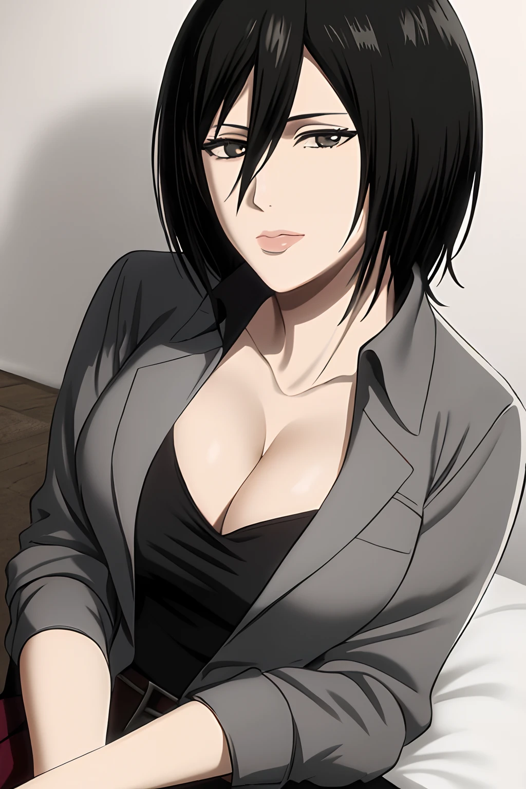 1girl, mikasa ackerman, (black hair:1.3), hair between eyes, short hair, sideburns, gray eyes, lips, cleavage, close up, solo, lips,, masterpiece, best quality,