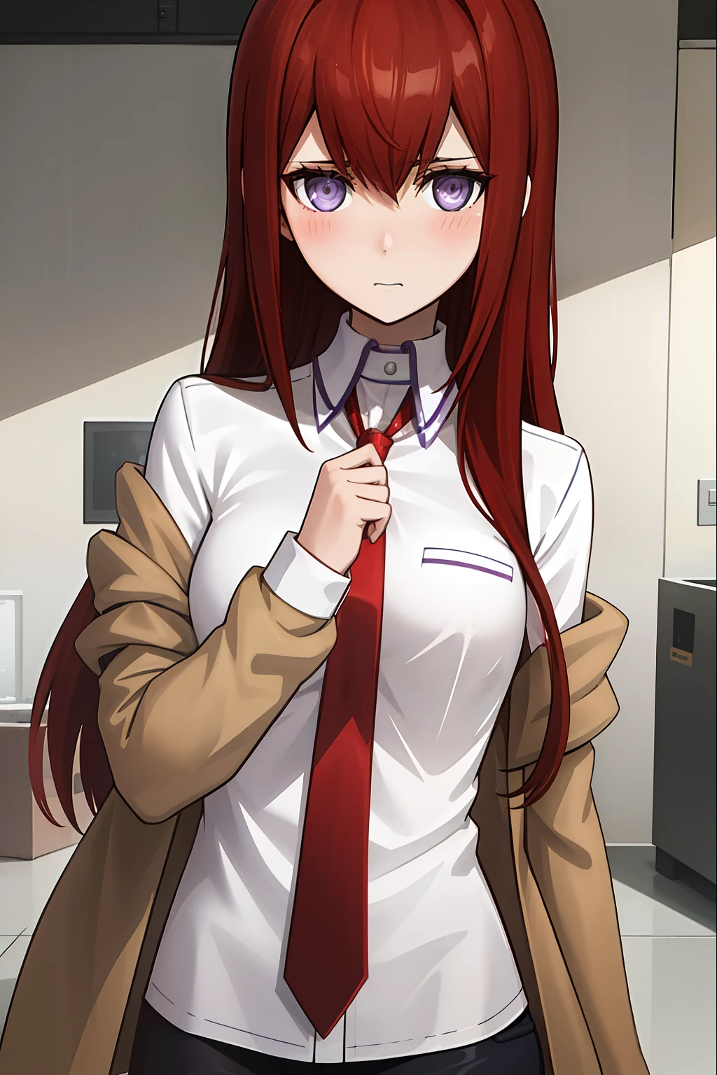 ((masterpiece,best quality,ultra detailed,8k)),brown_hair,collared_shirt,jacket,long_sleeves,makise_kurisu,standing,red_necktie,solo,1girl,white_shirt,perfect face,red_hair,purple_eyes,((blush)),upper body,(close_mouth)