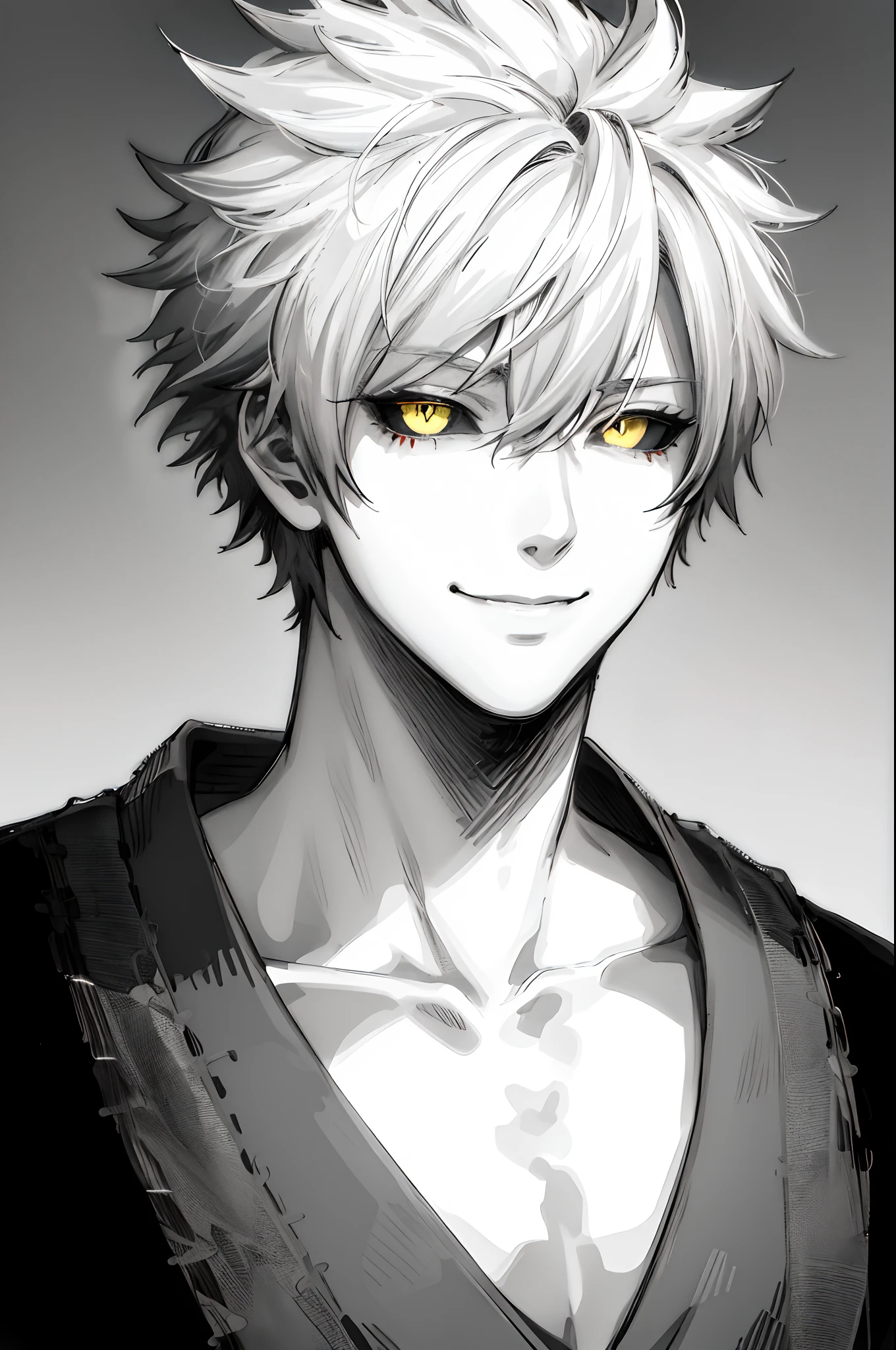 1boy, black sclera, closed mouth, collarbone, colored sclera, greyscale, japanese clothes, looking at viewer, male focus, monochrome, short hair, smile, solo, spiked hair, spot color, upper body, yellow eyes, hyperrealistic, hyperdetailed