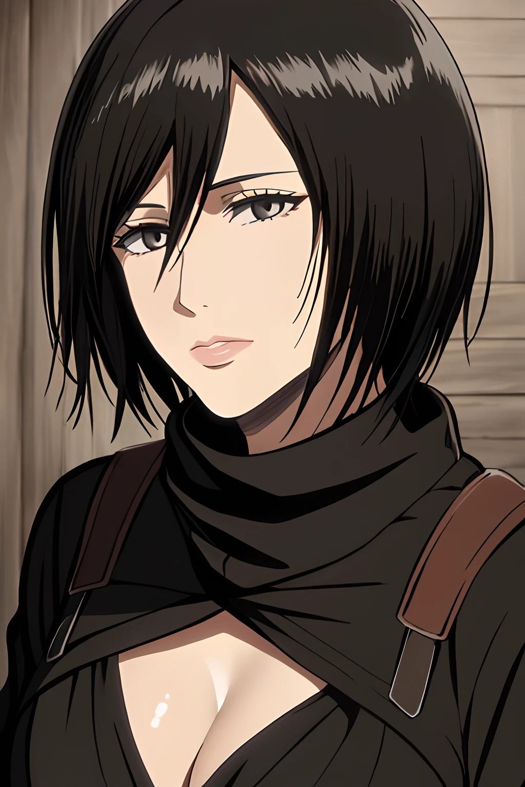 1girl, mikasa ackerman, (black hair:1.3), hair between eyes, short hair, sideburns, gray eyes, lips, cleavage, close up, solo, lips,, masterpiece, best quality,