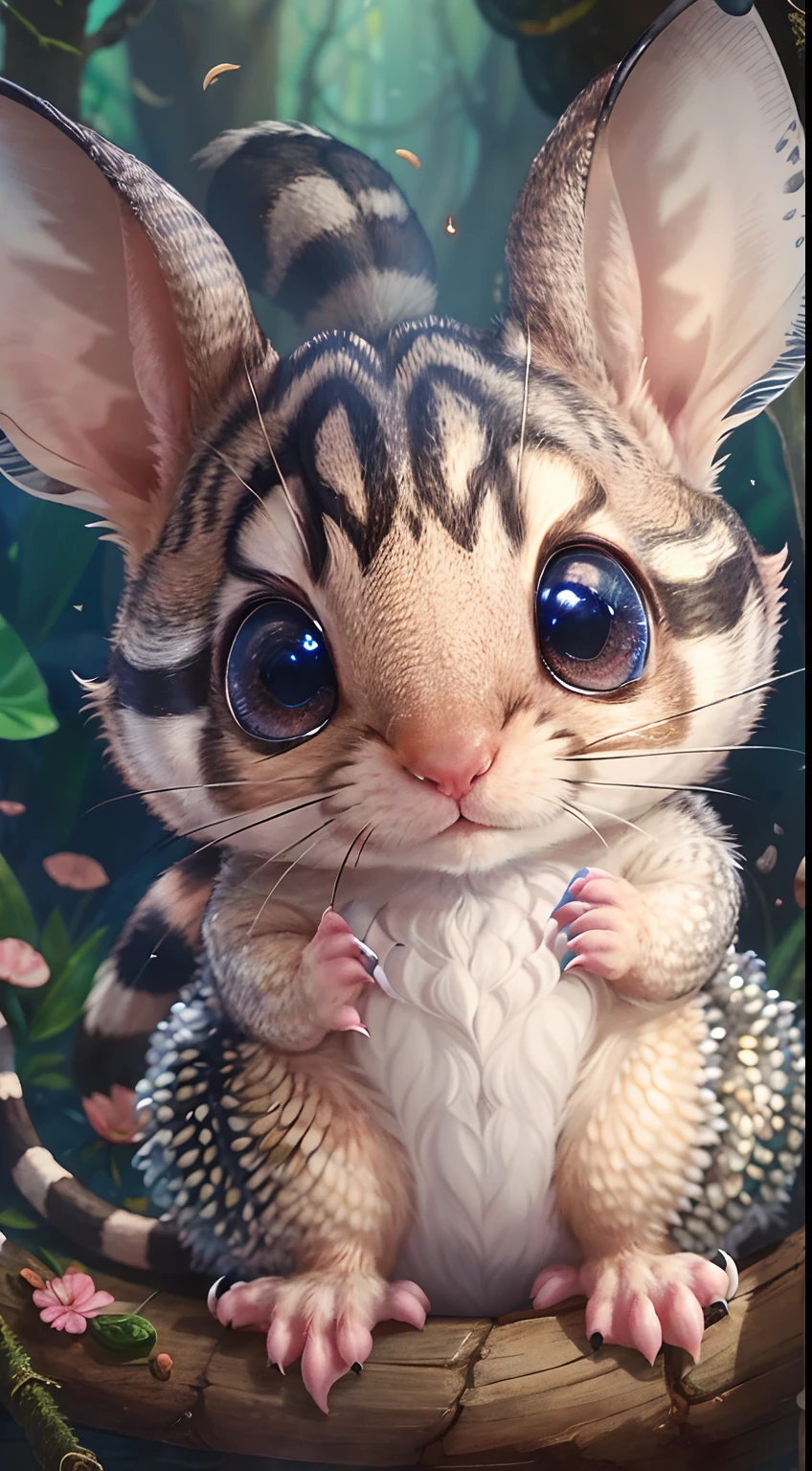 The creature's face is reminiscent of a small mammal, such as a mouse or chipmunk. Its large, forward-set eyes, round head and small ears give it a cute and curious appearance, similar to a small woodland creature. The creature's face is covered in soft, ((silvery scales)) that are evenly spread across its body, providing it with a smooth and reflective coat. The tiny ears are pointed and sit atop the creature's head, providing it with excellent hearing and sensory capabilities. A small, rounded nose resides in the center of its face, providing it with the ability to sense and locate food. It has silver scales all over it's body, no fur