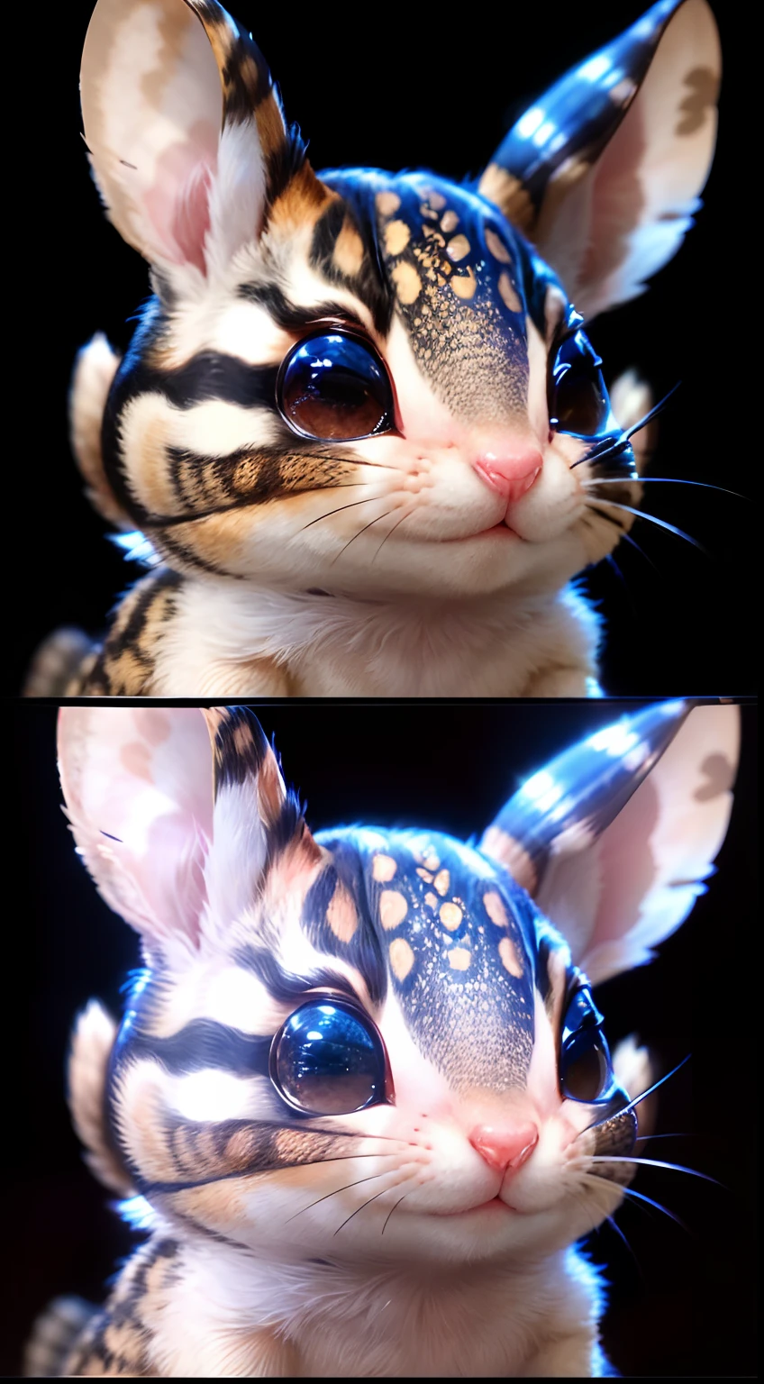 The creature's face is reminiscent of a small mammal, such as a mouse or chipmunk. Its large, forward-set eyes, round head and small ears give it a cute and curious appearance, similar to a small woodland creature. The creature's face is covered in soft, ((silvery scales)) that are evenly spread across its body, providing it with a smooth and reflective coat. The tiny ears are pointed and sit atop the creature's head, providing it with excellent hearing and sensory capabilities. A small, rounded nose resides in the center of its face, providing it with the ability to sense and locate food.