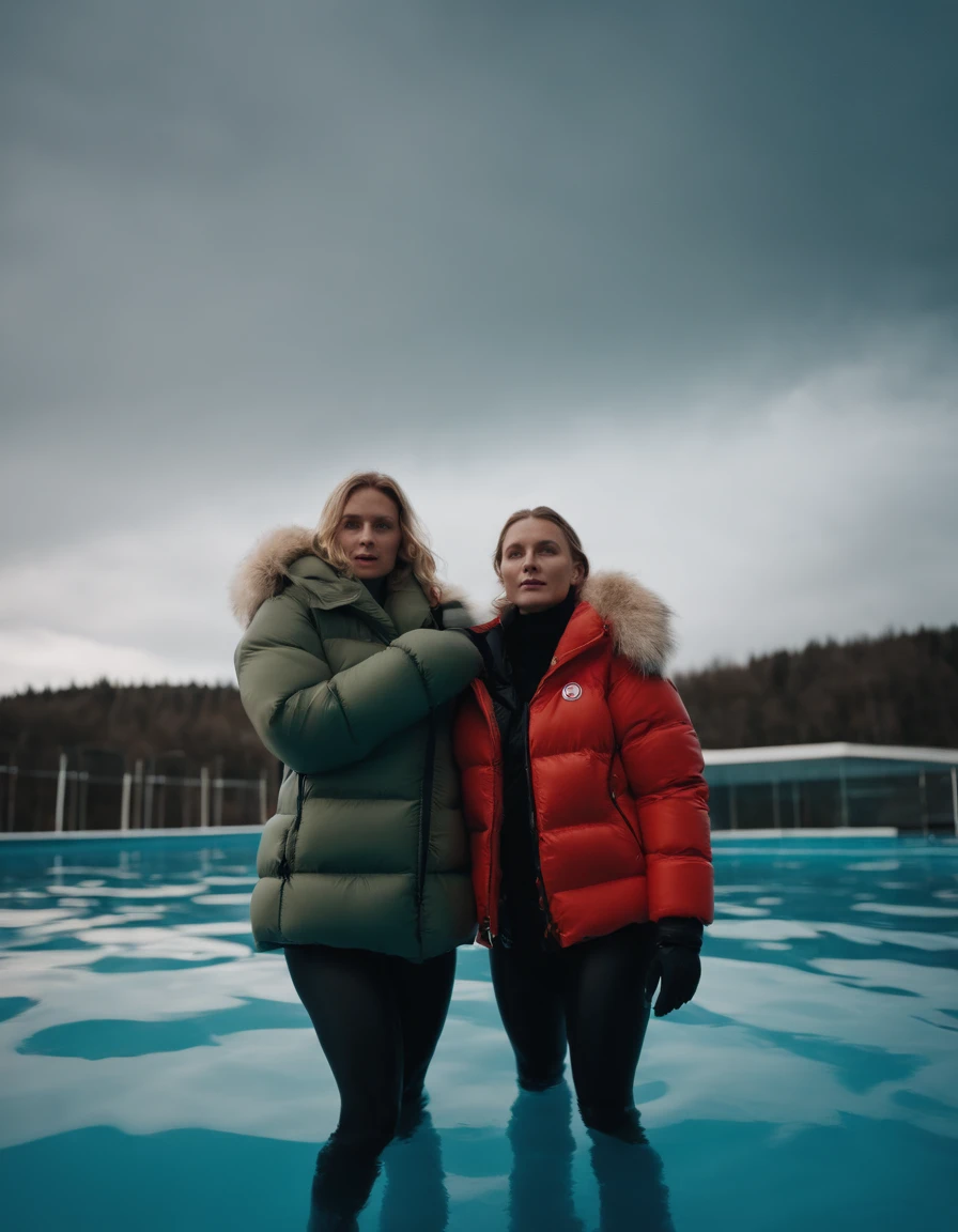 Two 30-year-old norwegian women embracing in a swimmingpool with two oversized closed puffer jackets moncler,coy smile, Overhead camera, foco nítido,