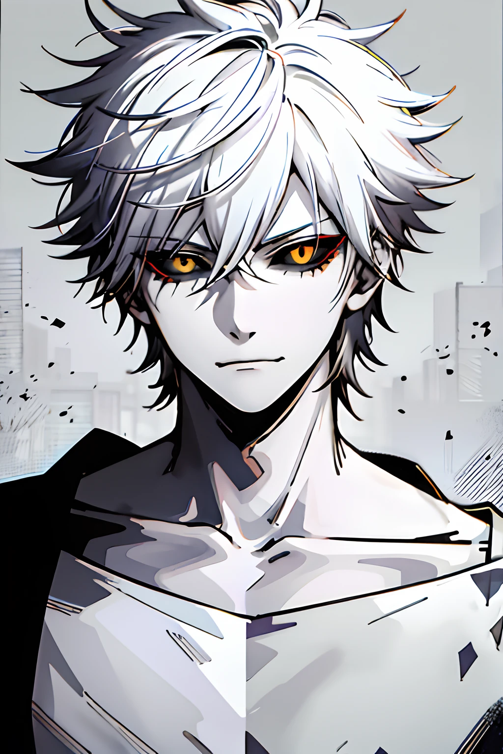 Hyperrealistic 1boy, black sclera, closed mouth, collarbone, colored sclera, grayscale, japanese clothing, looking at the viewer, male focus, monochrome, short hair, smirk, solo, spiked hair, spot color, white hair, upper body, yellow eyes, hyperrealistic, hyperdetailed