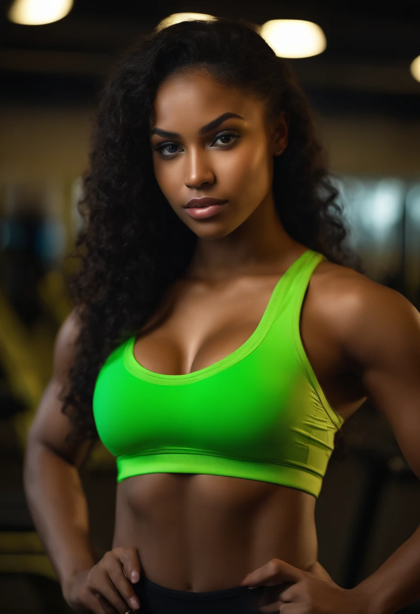 dark complexion, woman around 19 years old, natural black hair, distinctive green eyes, wearing fitting workout, slender and voluptuous, beautiful, candlelight in a weight training gym setting, ultra sharp focus, realistic shot, tight fitting clothes, bright colors (scar:1.4)