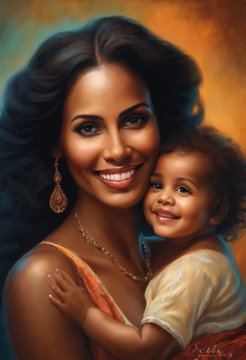 Woman mother with her , cabello negro y mediano, hermosos ojos, Sonriente, fondo detallado