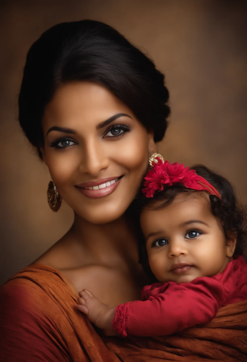 Woman mother with her , cabello negro y mediano, hermosos ojos, Sonriente, fondo detallado