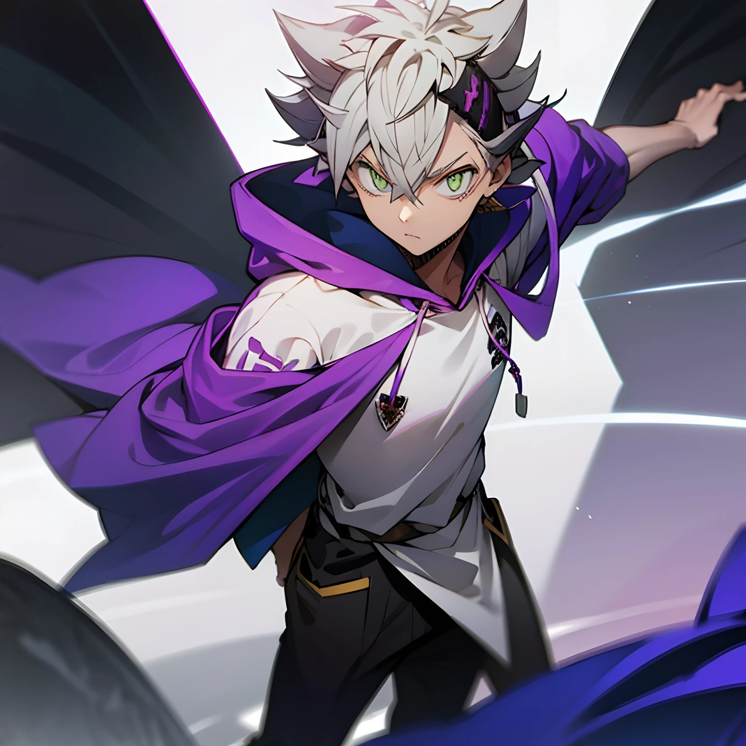 1boy, white hair, purple hoodie