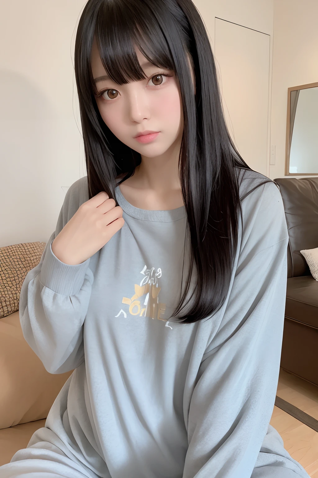 masterpiece, best quality,1girl, solo, black hair, realistic, looking at viewer, black eyes, long hair, pajamas, bangs, living room, closed mouth, upper body, hime cut
