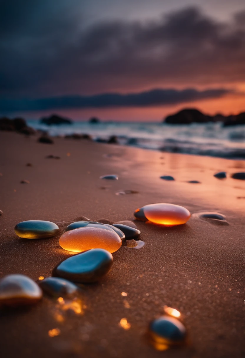 Group of glowing stones sitting on beach next to the sea, Colorful glow, Magical Beach, Bright glitter color, glowing colors, Shimmering rich colors, Colorful HD Drip, breathtaking colors, beautiful sunset glow, colorful sunset, Make the waters shine, beautiful wallpaper, scenic colorful environment, Glowing reflections, amazing wallpapers, colorful light, Clear neon water