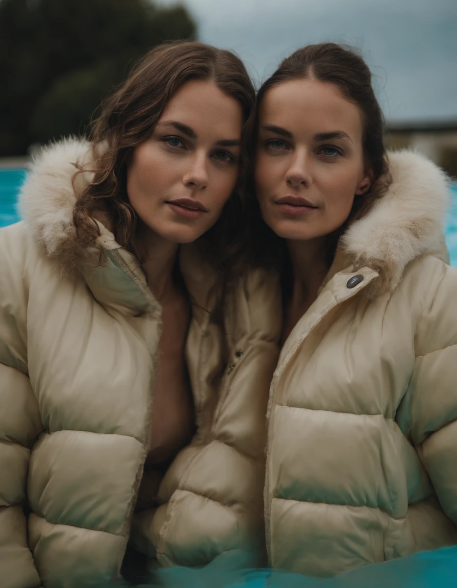 Two 30-year-old norwegian women embracing in a swimmingpool with two oversized closed puffer jackets moncler,coy smile, Overhead camera, foco nítido,