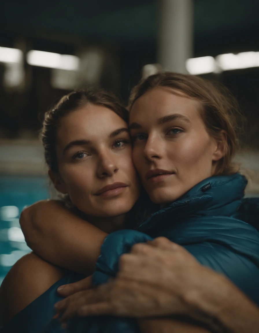 Two 30-year-old norwegian women embracing in a swimmingpool with two oversized closed puffer jackets moncler,coy smile, Overhead camera, foco nítido,
