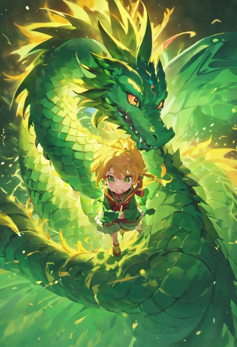 cute little，china style，Chinese mythology，Chinese Green Dragon，tosen，Ferocious，immensity，
Eyes glow red，glow effect，buliding，中景 the scene is，Full body like，
Highly detailed surreal VFX，OC rendering，