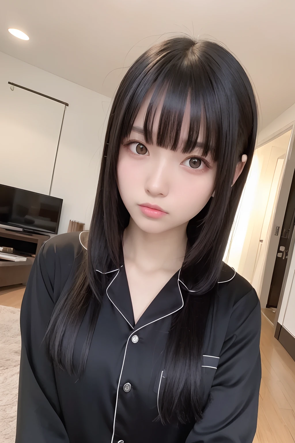 masterpiece, best quality,1girl, solo, black hair, realistic, looking at viewer, taking a selfie, black eyes, long hair, pajamas, bangs, living room, closed mouth, upper body, hime cut