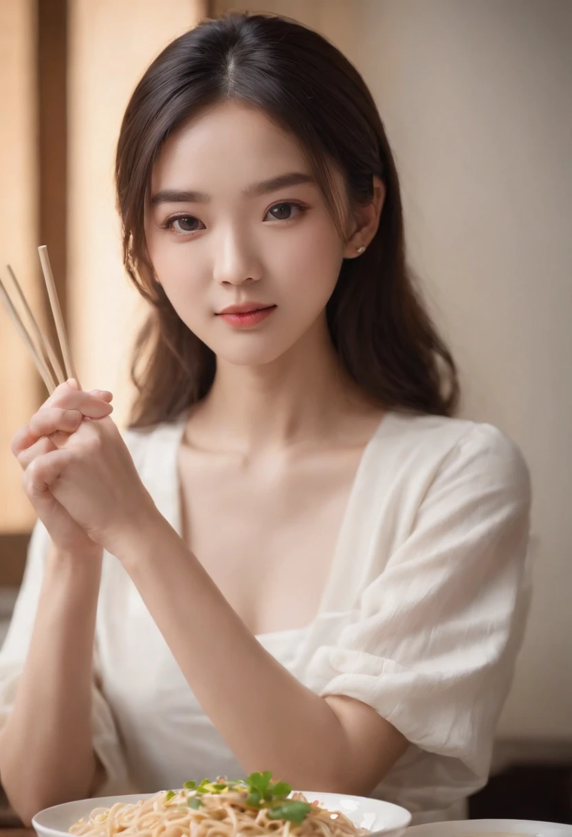 10，professional shadow、detaild、Real Skin、crisp focus、eye  focus、master-piece、最高品質、realistic details、sharp photo、Hentail realism、high-res、Smiling Asian beauty eating noodles、22 years old、Medium black hair，College Girl、Hold chopsticks.、Kind eyes、Solid color backdrop