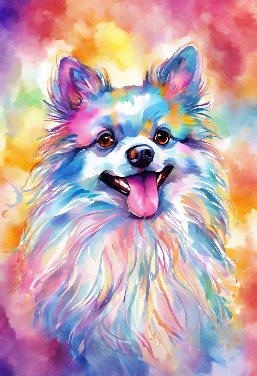 3d aquarela tres caes lulu da pomerania muito peludo e com focinho muito extremamente curto, orelhas com pontas redondas,fundo escuro,high resolution,alta qualidade,colorido