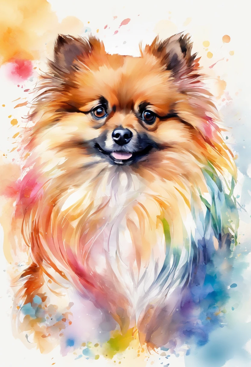 3d aquarela tres caes lulu da pomerania muito peludo e com focinho muito extremamente curto, orelhas com pontas redondas,fundo escuro,high resolution,alta qualidade,colorido