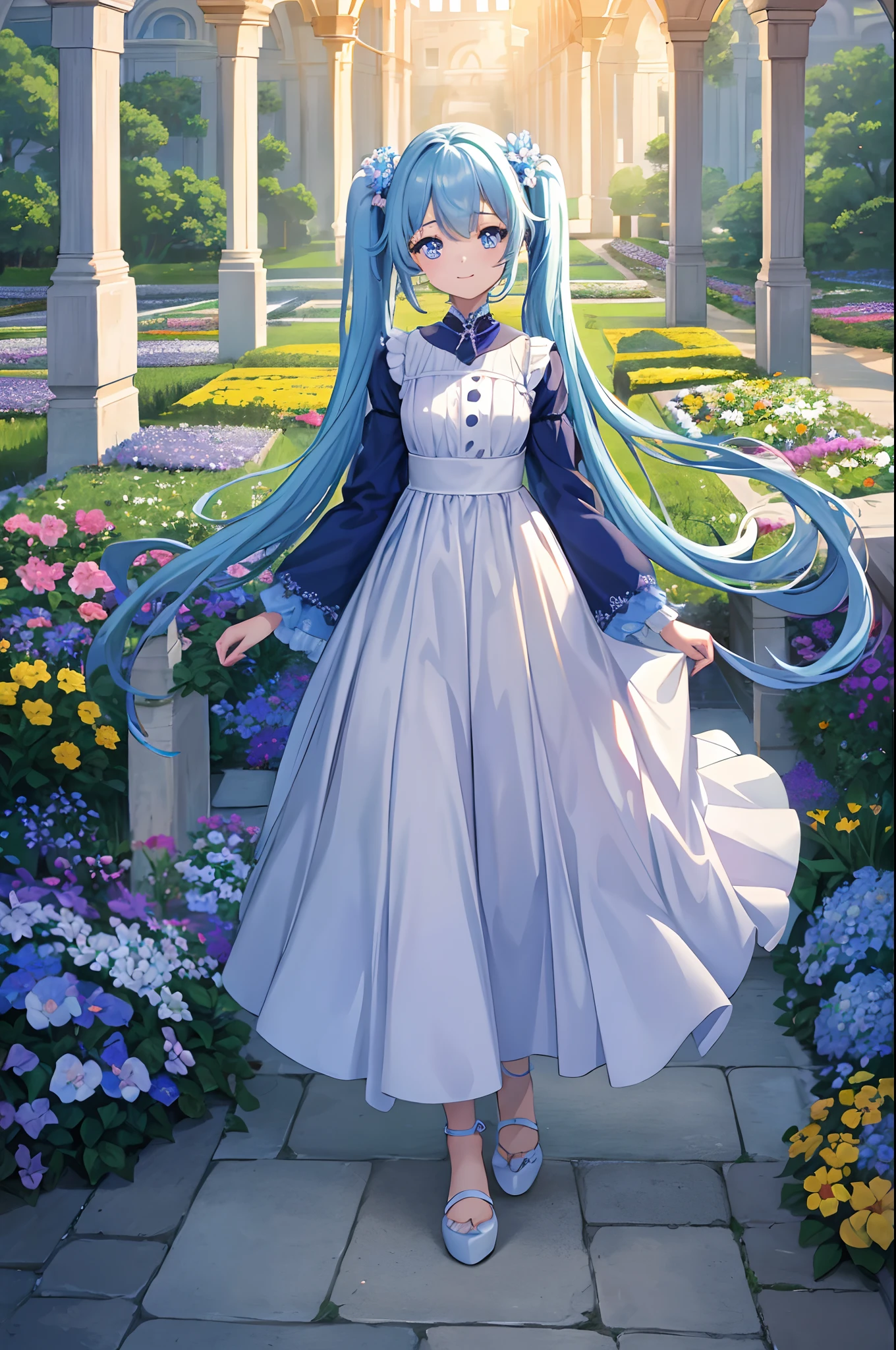 ​masterpiece:1.2、hightquality、top-quality、hight resolution、detaileds、A hyper-realistic、1girl in、long hair with light blue twin tails,,,,,,,,,,,、Beautiful blue eyes、Standing in a flower garden、Colorful long dress costume、Sunset landscape、full body Esbian、rainbows、Lovely smile、Cosmos flower、(A detailed face)、((foco nítido))、