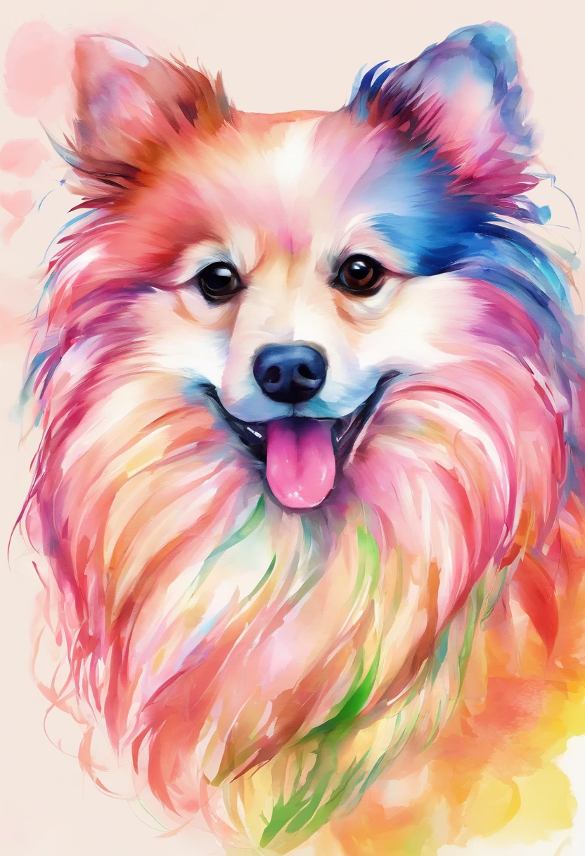 3d aquarela lulu da pomerania muito peludo e com focinho muito extremamente curto, orelhas com pontas redondas,fundo escuro,high resolution,alta qualidade, tons rosa gold e pastel
