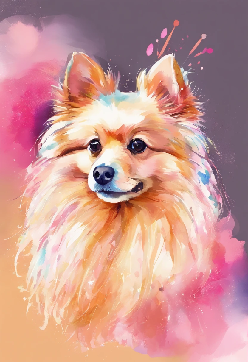3d aquarela lulu da pomerania muito peludo e com focinho muito extremamente curto, orelhas com pontas redondas,fundo escuro,high resolution,alta qualidade, tons rosa gold e pastel