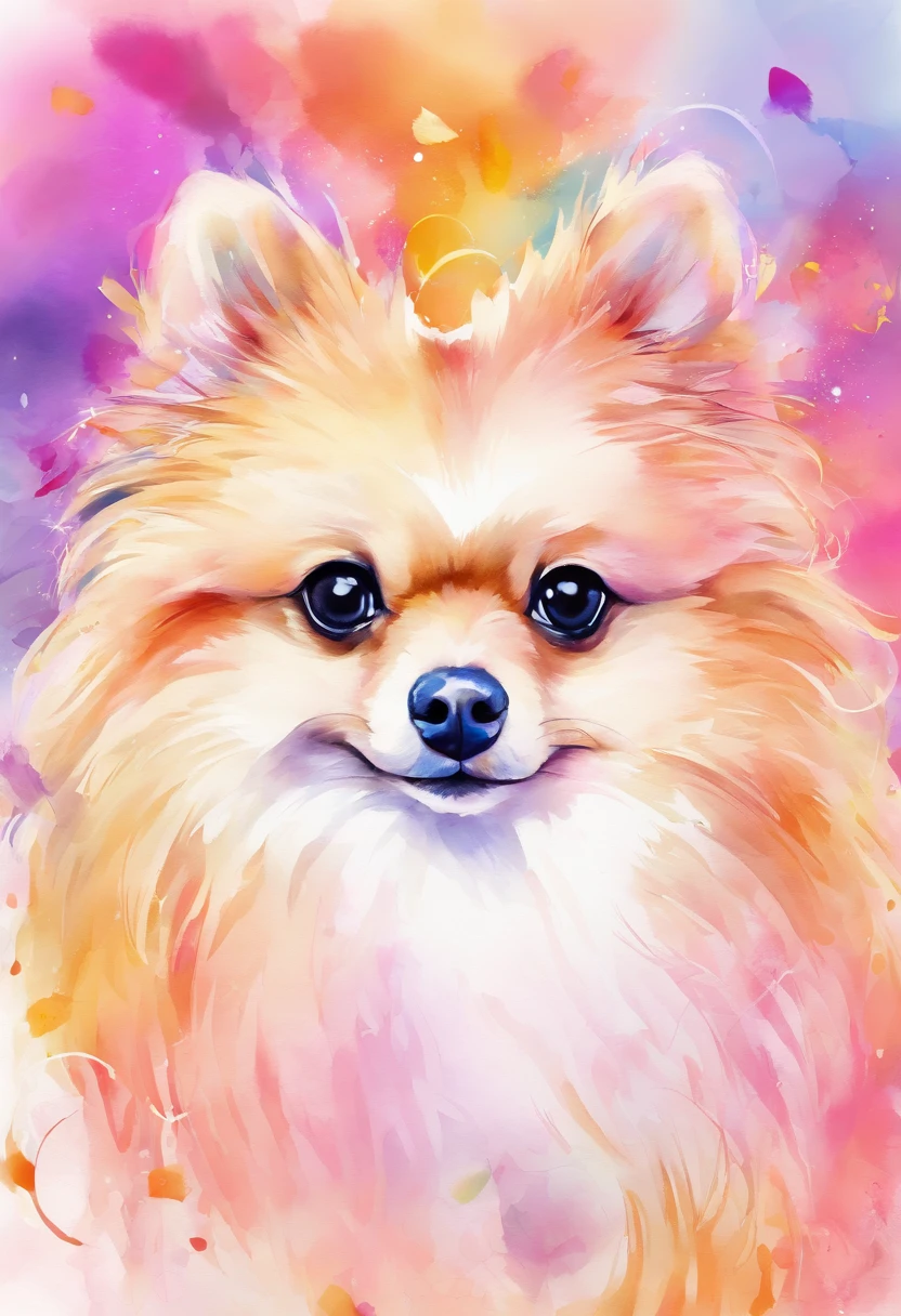 3d aquarela lulu da pomerania muito peludo e com focinho muito extremamente curto, orelhas com pontas redondas,fundo escuro,high resolution,alta qualidade, tons rosa gold e pastel