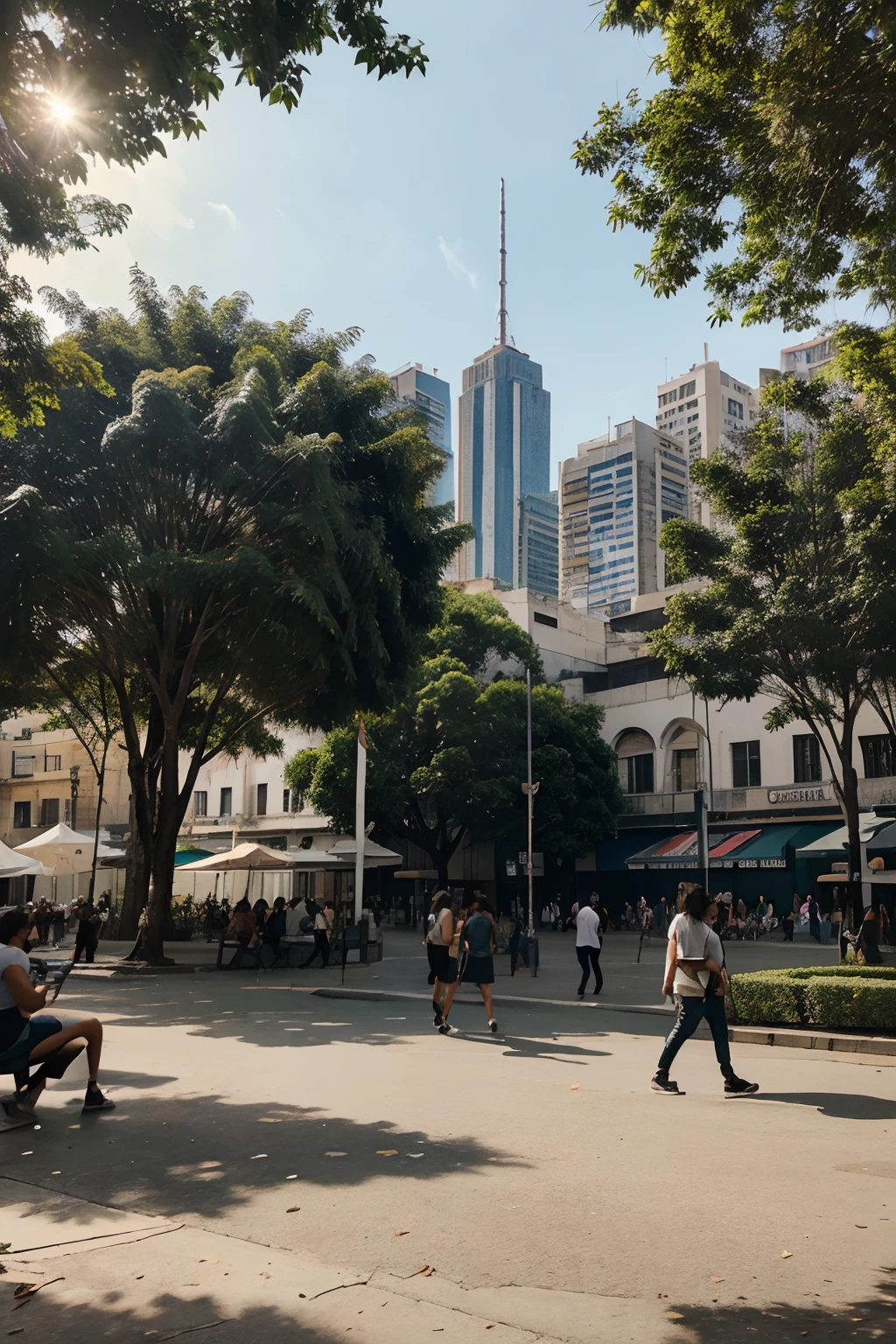 A photograph of a bustling city with imposing scratches, mas com um grande parque verdejante no centro, Where people are having fun from the outdoors.