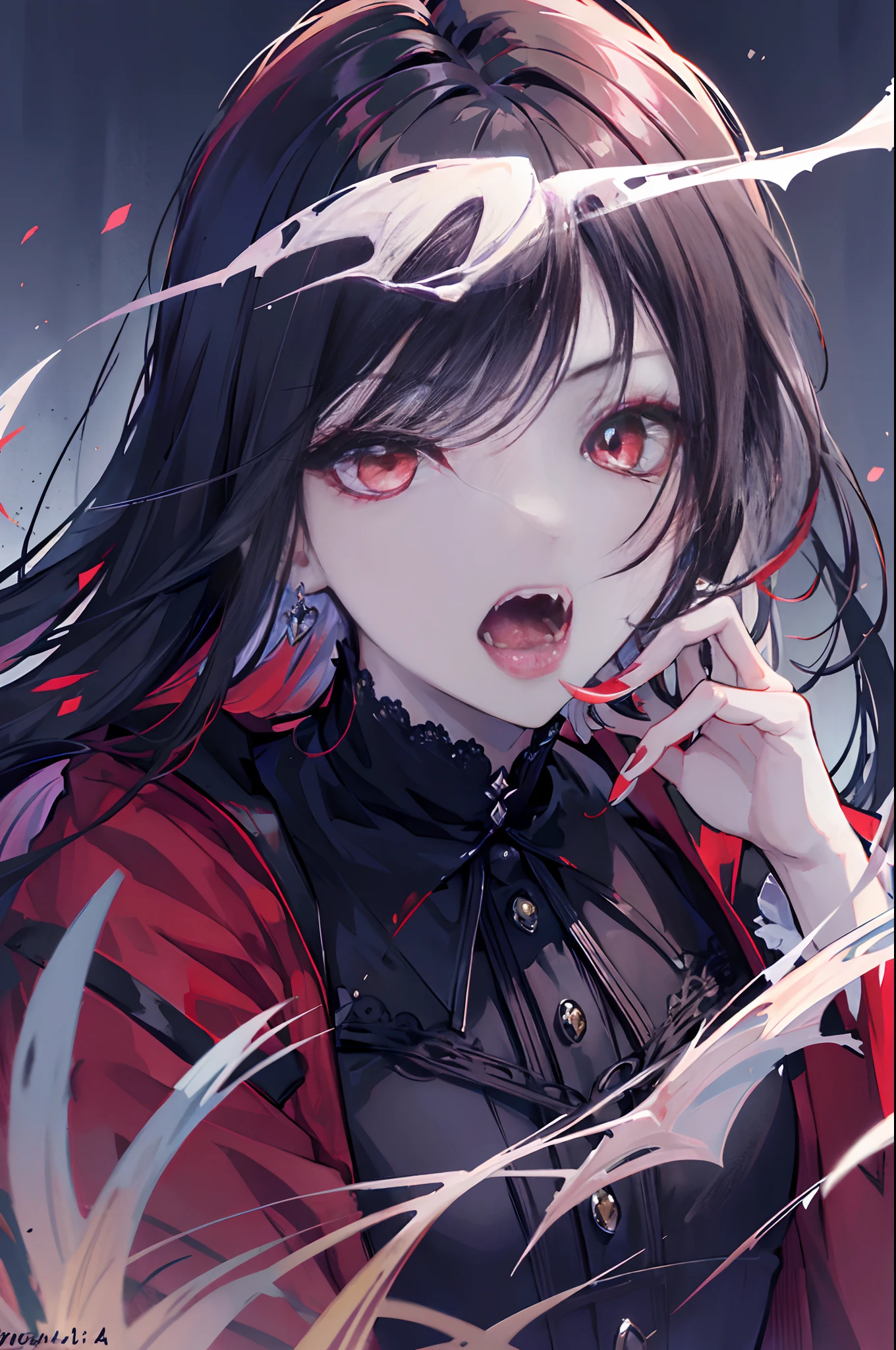 Close up, portrail of a handsome ((young man)) vampire, open mouth showing very long fangs, ready to bite the viewer, crystal sapphire eyes, red lips, long wavy hair, very black hair. Elegant gala uniform, highly detailed,