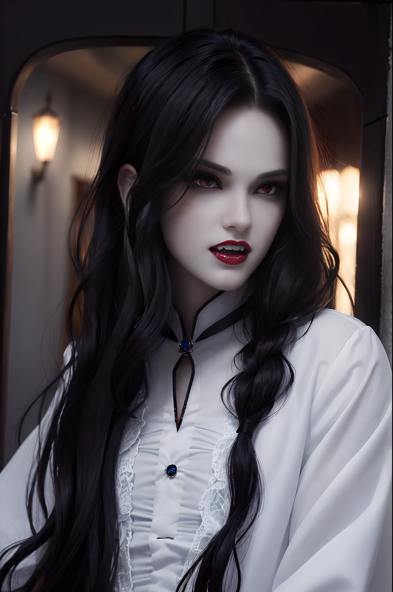 Close up, portrail of a handsome ((young man)) vampire, open mouth showing very long fangs, ready to bite the viewer, crystal sapphire eyes, red lips, long wavy hair, very black hair. Elegant gala uniform, highly detailed,