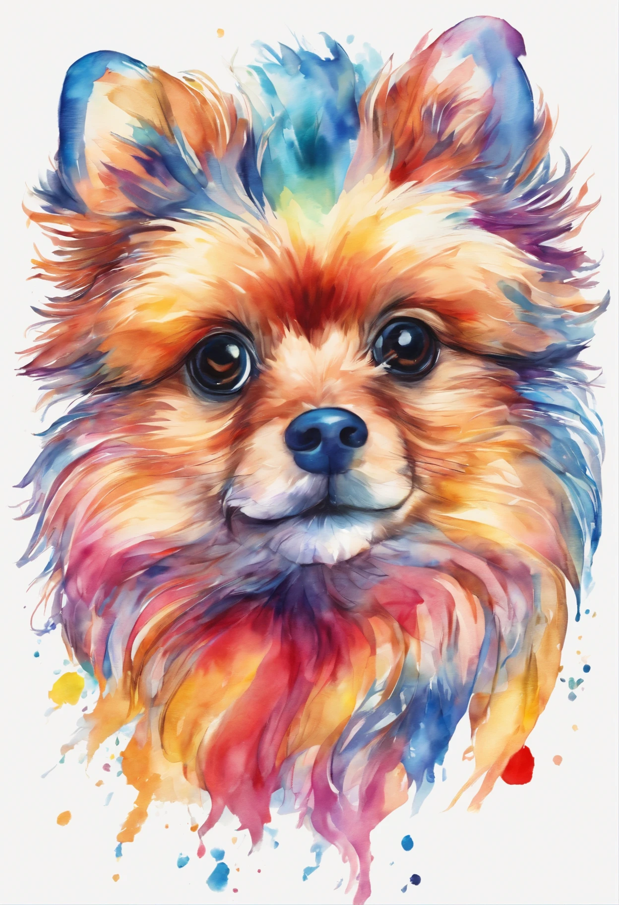 3d aquarela lulu da pomerania muito peludo e com focinho muito extremamente curto, orelhas com pontas redondas,fundo escuro,high resolution,alta qualidade,colorido