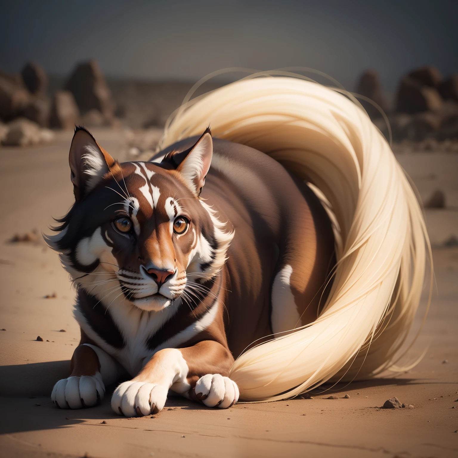 Solo, score_9,score_8_up,score_7_up, source_cartoon, source_furry, Kat, a cute Anthro furry feline girl, tall body, hourglass figure, adult female, blue eyes, :3, silver fur, long blonde hair, one tail, white whiskers, pink nose, completely naked, pink nipples, b cup breasts, leaning against a large rock, covering herself, shy and magical pose, bidding socially, looking away,