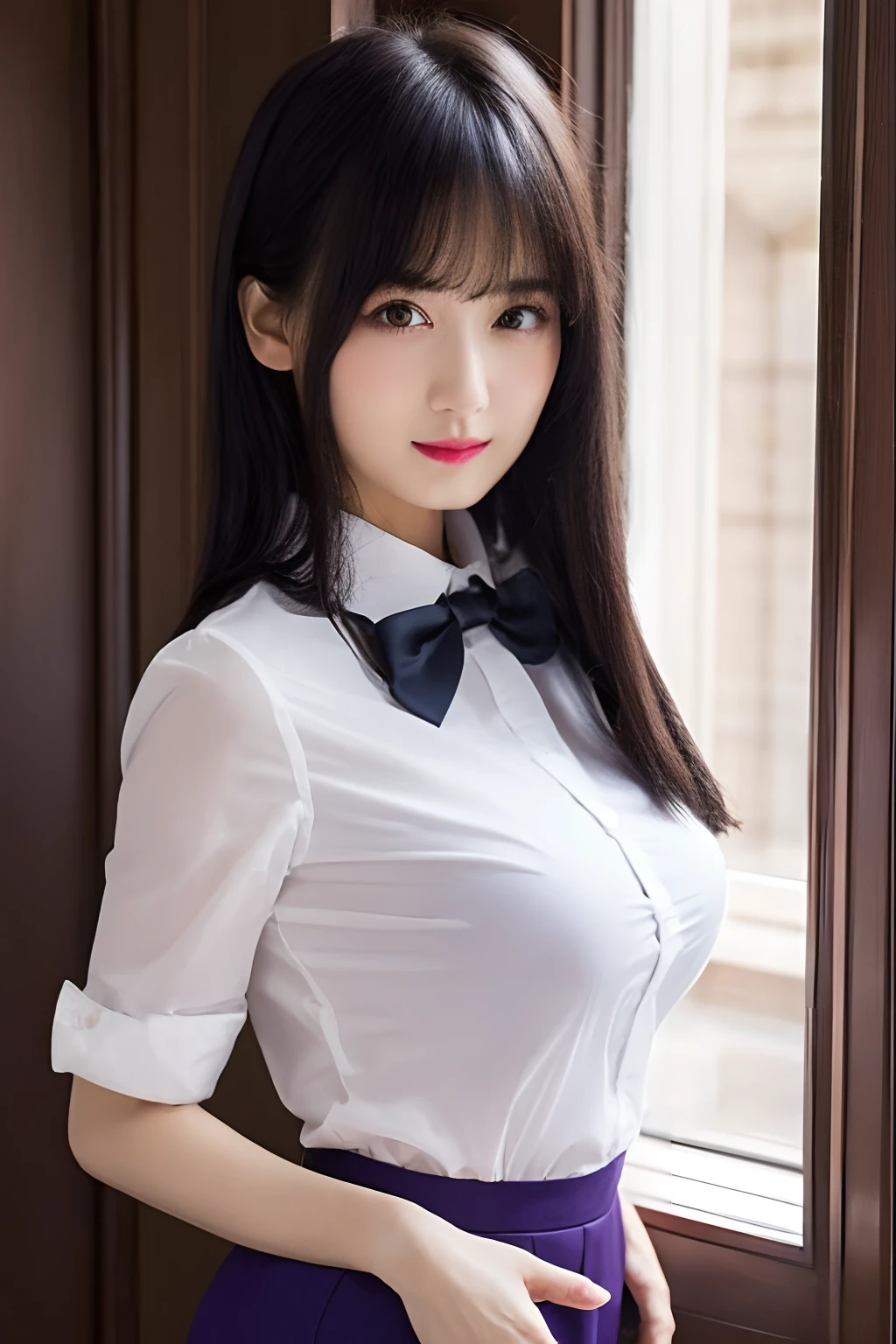 ​masterpiece, top-quality, hight resolution, 1girl in, A dark-haired, a purple eye, Very big breasts, Hair Bow, a short skirt, white  shirt,