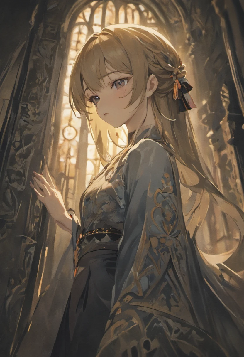 (best quality,4k,8k,highres,masterpiece:1.2),ultra-detailed,(photorealistic:1.4),raw photo,1girl,waist up,sitting,deep shadow,dark theme,beautiful detailed eyes,beautiful detailed lips,longeyelashes,sombre expression,smooth complexion,dark hair,flowing gown,elaborate patterns,contrast lighting,subtle highlights,rich textures,silky fabric,dramatic pose,natural posture,graceful hands,atmospheric darkness,soft background,ethereal atmosphere,moody ambiance,subdued colors,subtle color grading,mysterious aura,hidden emotions,vivid black and white,low saturation,high contrast,artistic interpretation,emotive portrait,visual storytelling,photojournalistic style,dramatic chiaroscuro,realistic rendering,lifelike details.