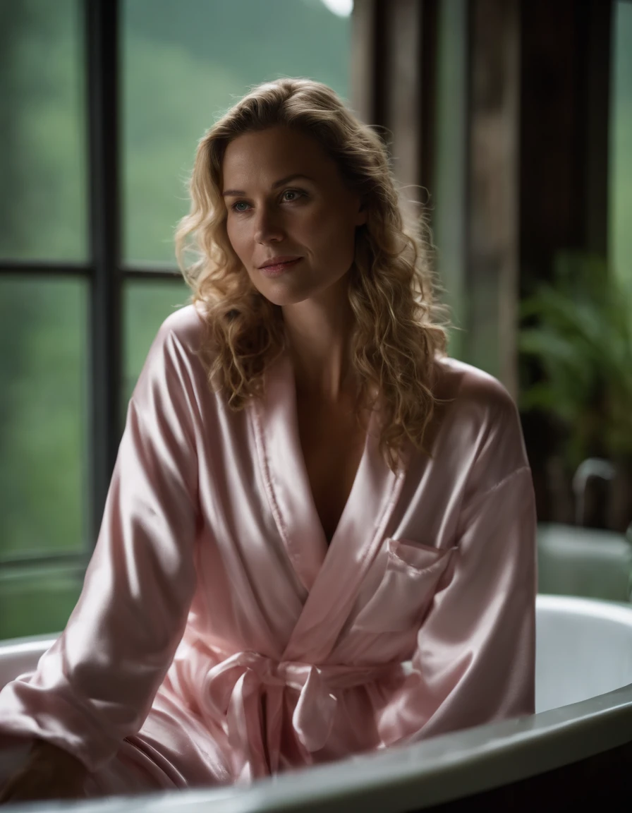 elfie mid shot. En vakker, kraftig bygd, Kind-looking 35-year-old Norwegian woman with long wavy damp hair and some freckles floating in the water in a nice indoor bathtub in a Norwegian cabin, sammen med en overvektig kortklippet gammel mann. He's wearing a pink silk pajama. She wears a wet silky green satin pajamas, med lange ermer og bukser, and a long white satin bathrobe on the outside