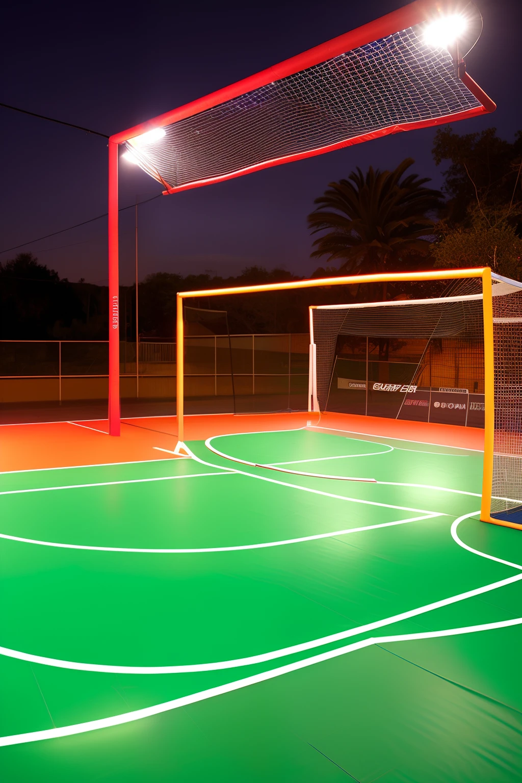On a neon, cyber-themed futsal court, The goal posts are highlighted by strips of neon lights, criando um contorno brilhante no campo. The goalposts are made of reflective materials, capturando e refletindo as cores vibrantes do ambiente. Players wear cybernetic uniforms that stand out under the neon lights, enquanto a bola de futsal, equipada com LEDs, It illuminates the field and creates trails of twinkling lights as it is kicked towards the electronic goalposts, providing a visually impactful and futuristic experience.