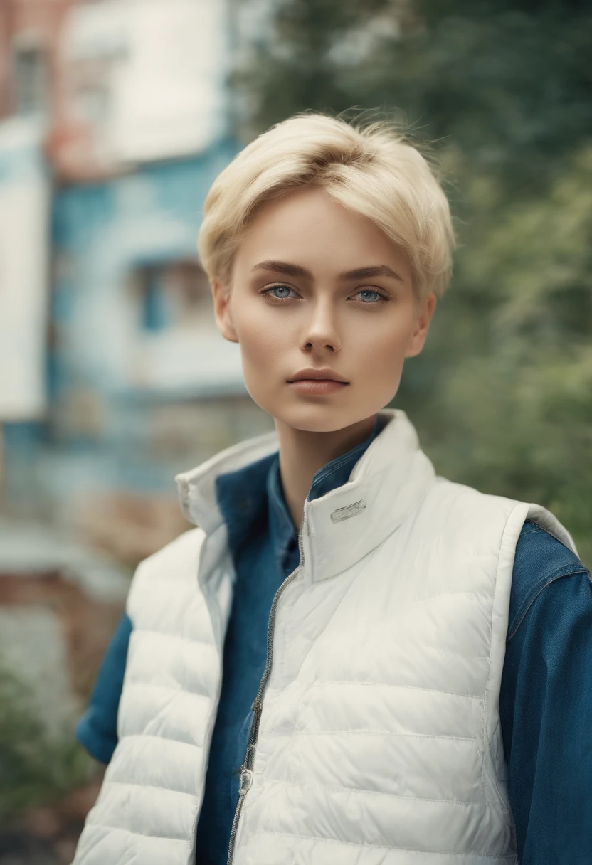 A young woman with short blonde hair stood outside, In cool style,White vest, baggy jeans, zeiss planar t* 80mm f/2.8, kodak portra, UHD image, sovietwave, unique facial features, mountain