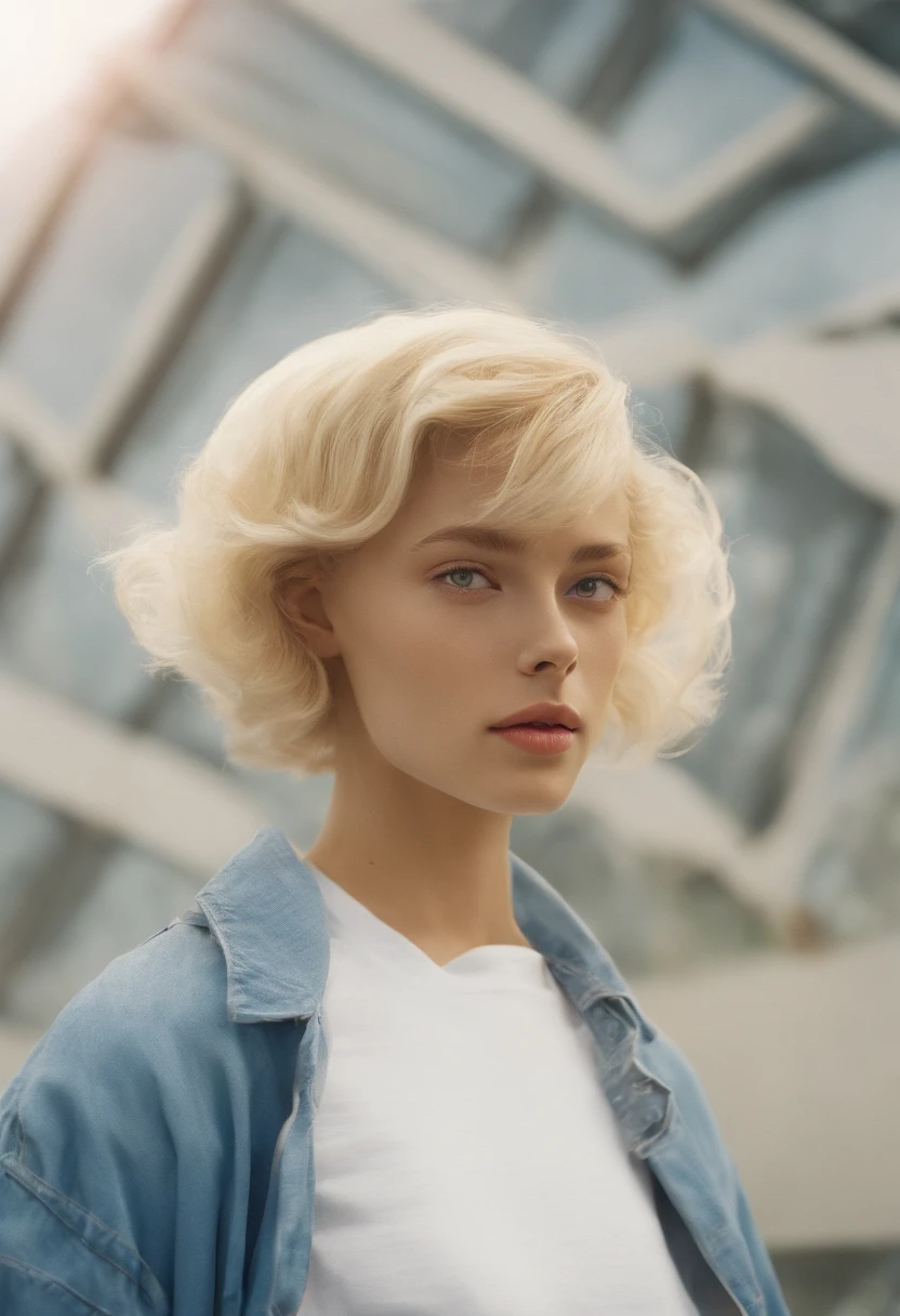 A young woman with short blonde hair stood outside, In cool style,White vest, baggy jeans, zeiss planar t* 80mm f/2.8, kodak portra, UHD image, sovietwave, unique facial features, mountain