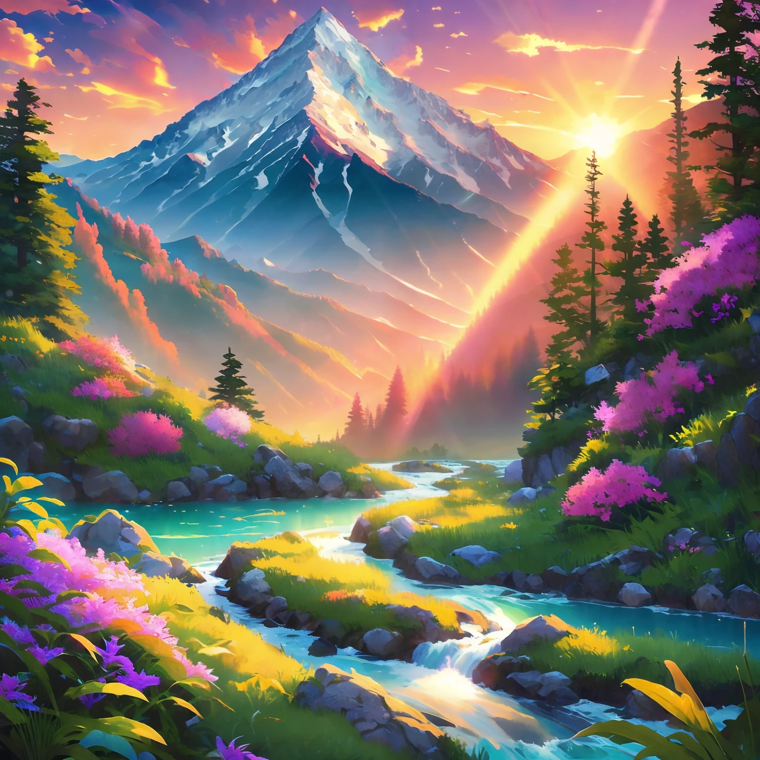 (best illumination, best shadow), scenic anime landscape, beautiful nature scenery, breathtaking view, majestic mountains, lush greenery, flowing streams and rivers, colorful flora and fauna, peaceful atmosphere, magical sunset.