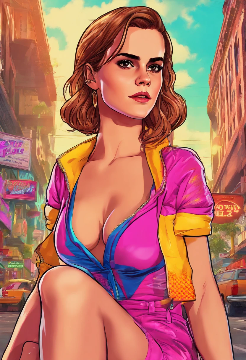 Emma Watson, (best quality,ultra-detailed,realistic:1.37),female ,wide hips, big breasts, high heels, vivid colors