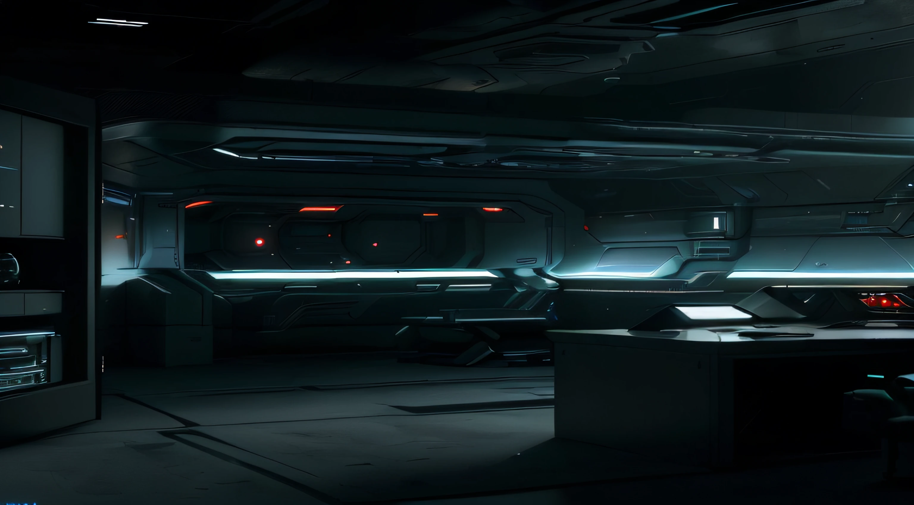 there is a room with a desk and a monitor in it, sci-fi interior, dramatic lighting sci fi, sci-fi environment, space station interior, scifi environment, detailed spaceship interior, 8 k. volumetric lighting. dark, scifi room, scifi scene, scifi setting, in a dark futuristic room, detailed ambient lighting, sci - fi scene