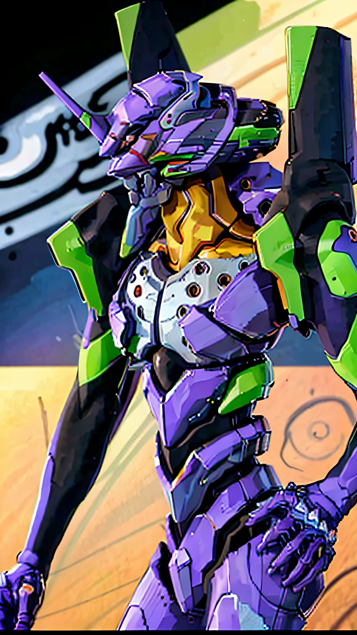 (EVA 01), realistic, evagod, evangelion mecha realistic, Science-Fiction, mirando al espectador, (arte oficial, mejor calidad, obra maestra: 1.2), illustration, high resolusion, hermoso fondo abstracto, futurismo, cyberpunk, intense angle, 8K HDR